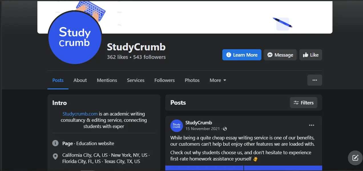 StudyCrumb Facebook page